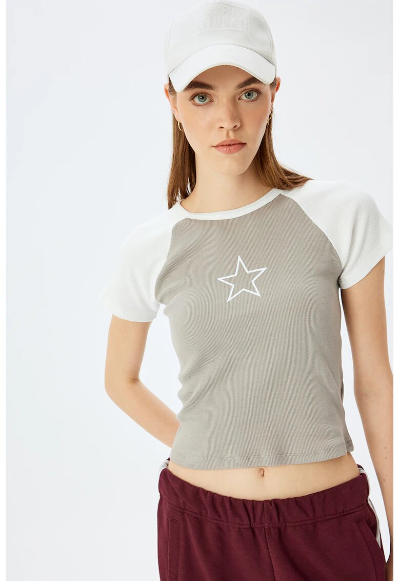 KOTON Tricou crop cu maneci raglan - Maro taupe/Alb murdar