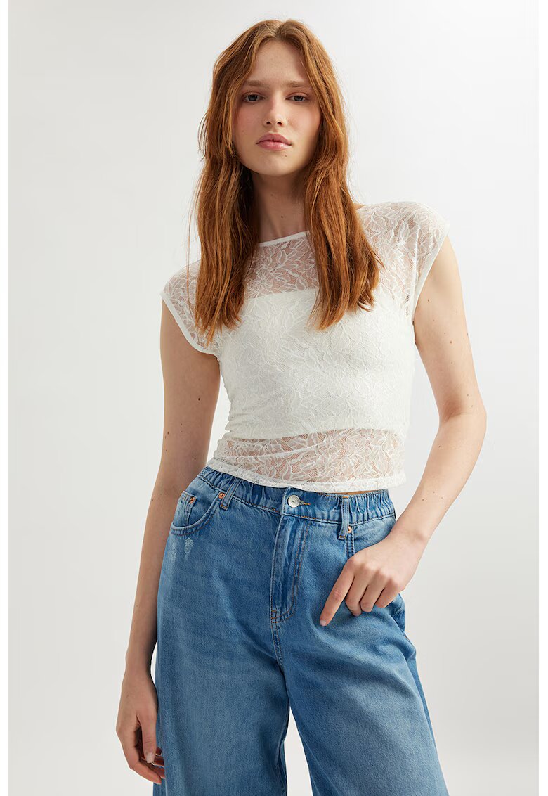 KOTON Tricou crop cu strat exterior din dantela - Alb optic