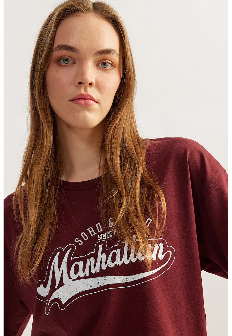 KOTON Tricou crop cu text - Visiniu