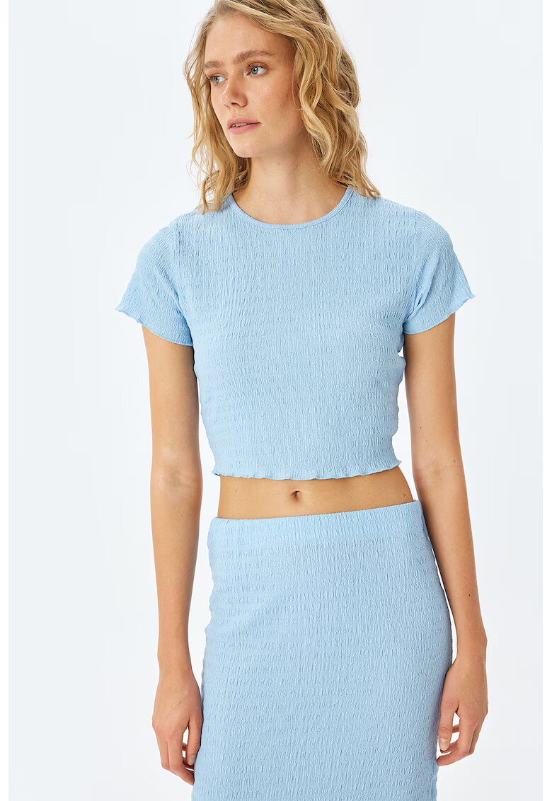KOTON Tricou crop cu volane - Albastru pastel