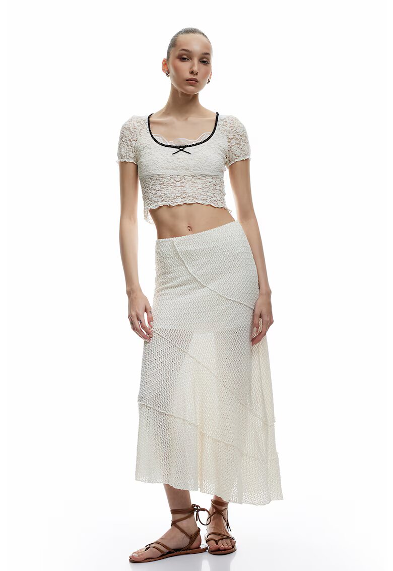 KOTON Tricou crop de dantela - Alb/Negru stins