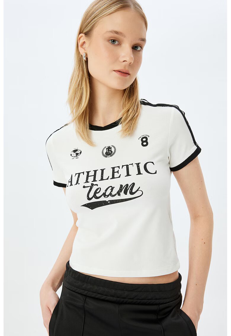 KOTON Tricou crop din amestec de bumbac - Negru/Alb murdar