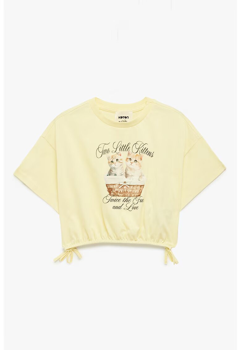 KOTON Tricou crop din bumbac cu imprimeu - Maro/Galben deschis