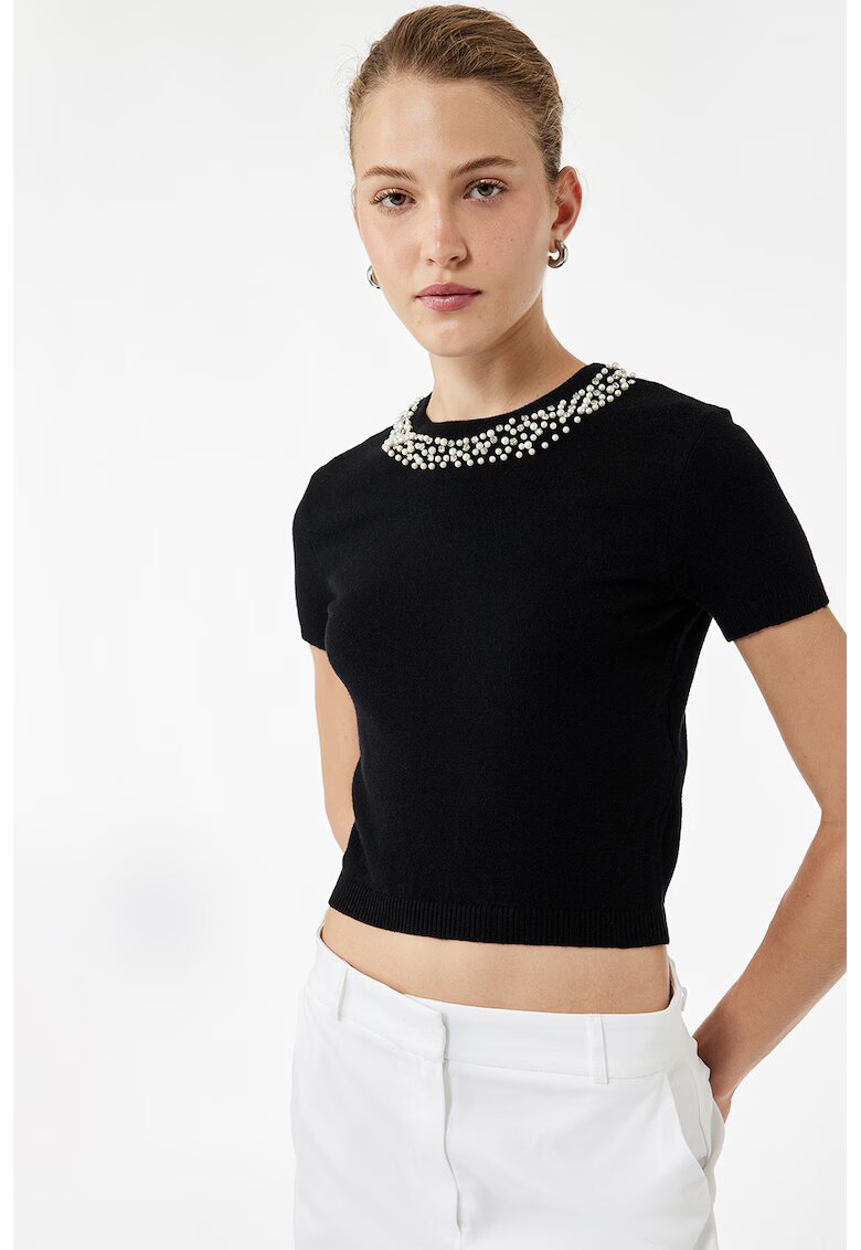 KOTON Tricou crop din tricot cu decolteu decorativ - Negru/Argintiu