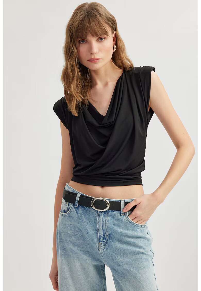 KOTON Tricou crop drapat - Negru