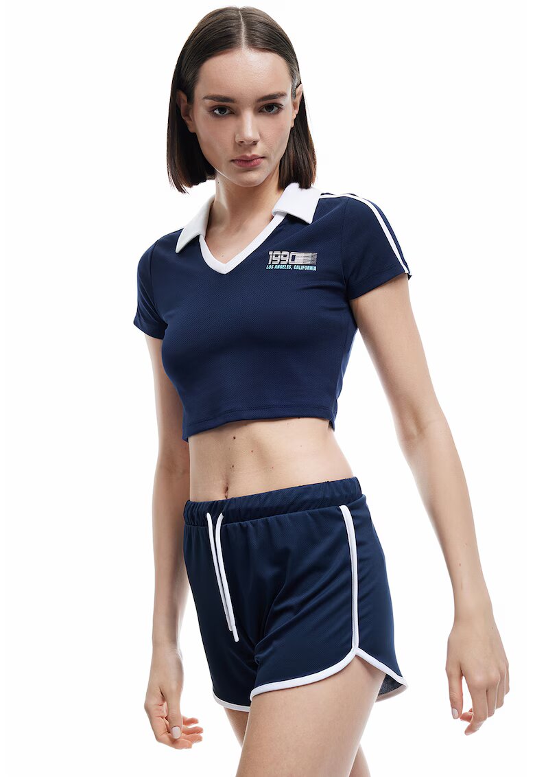 KOTON Tricou crop polo - Alb/Bleumarin