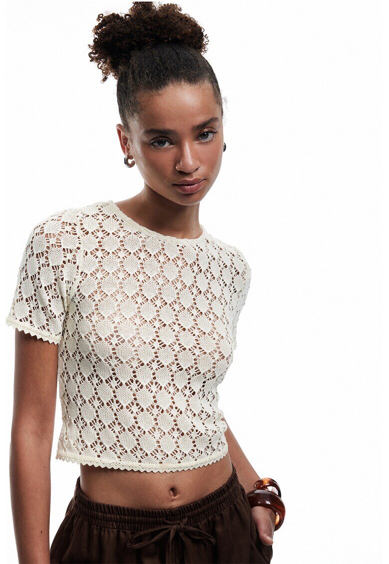 KOTON Tricou crop tricotat cu perforatii - Crem