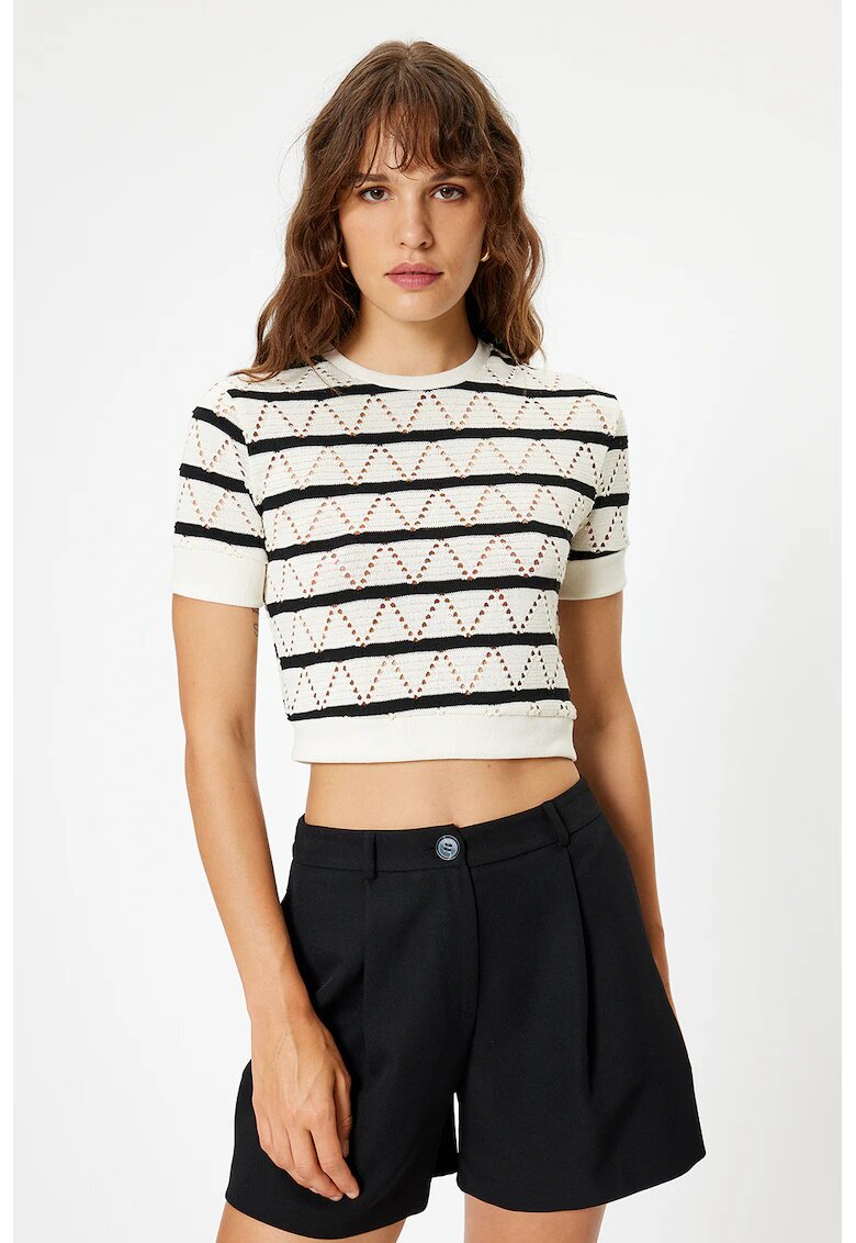 KOTON Tricou crop tricotat - Negru/Alb murdar