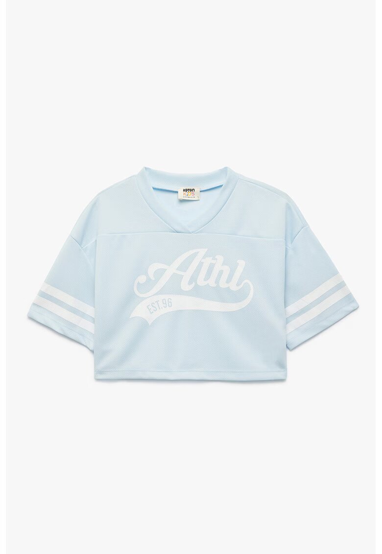 KOTON Tricou cu decolteu in V si imprimeu text - Albastru glaciar