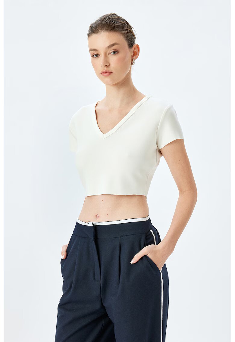 KOTON Tricou cu decolteu inV - Alb fildes