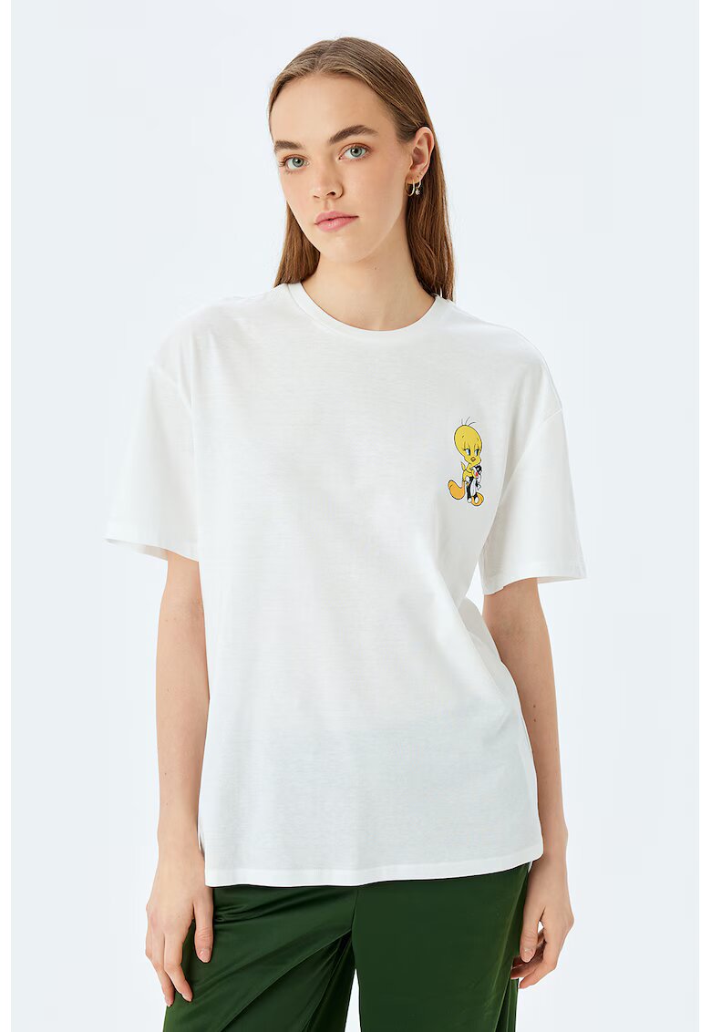 KOTON Tricou cu decolteu la baza gatului si imprimeu cu desene animate - Alb/Galben