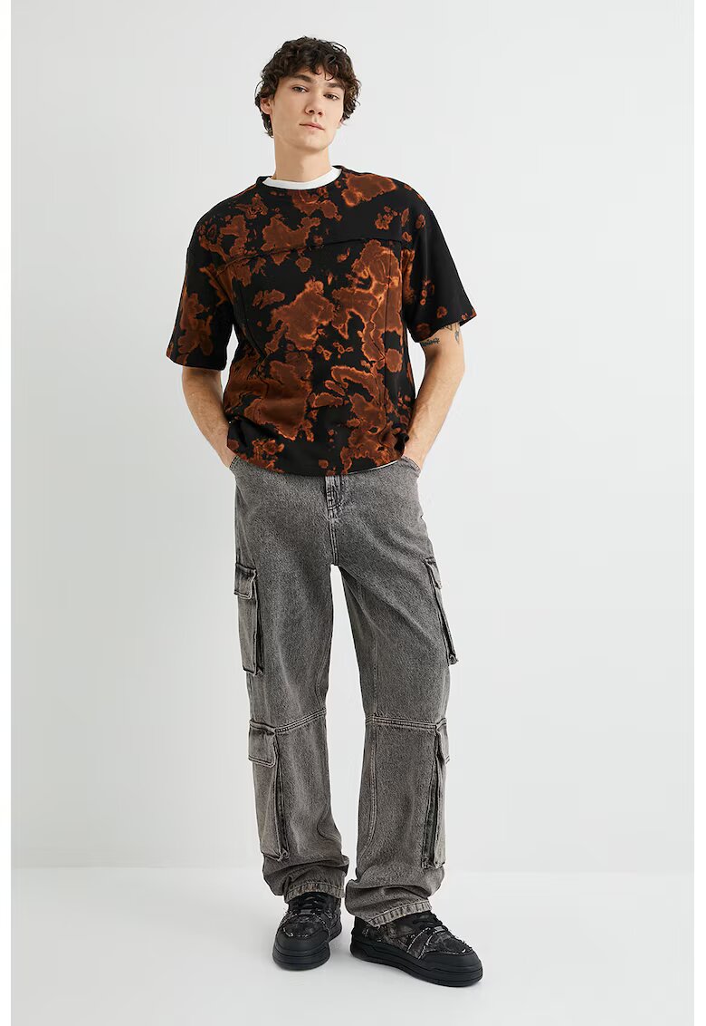 KOTON Tricou cu decolteu la baza gatului si imprimeu tie-dye - Negru/Maro