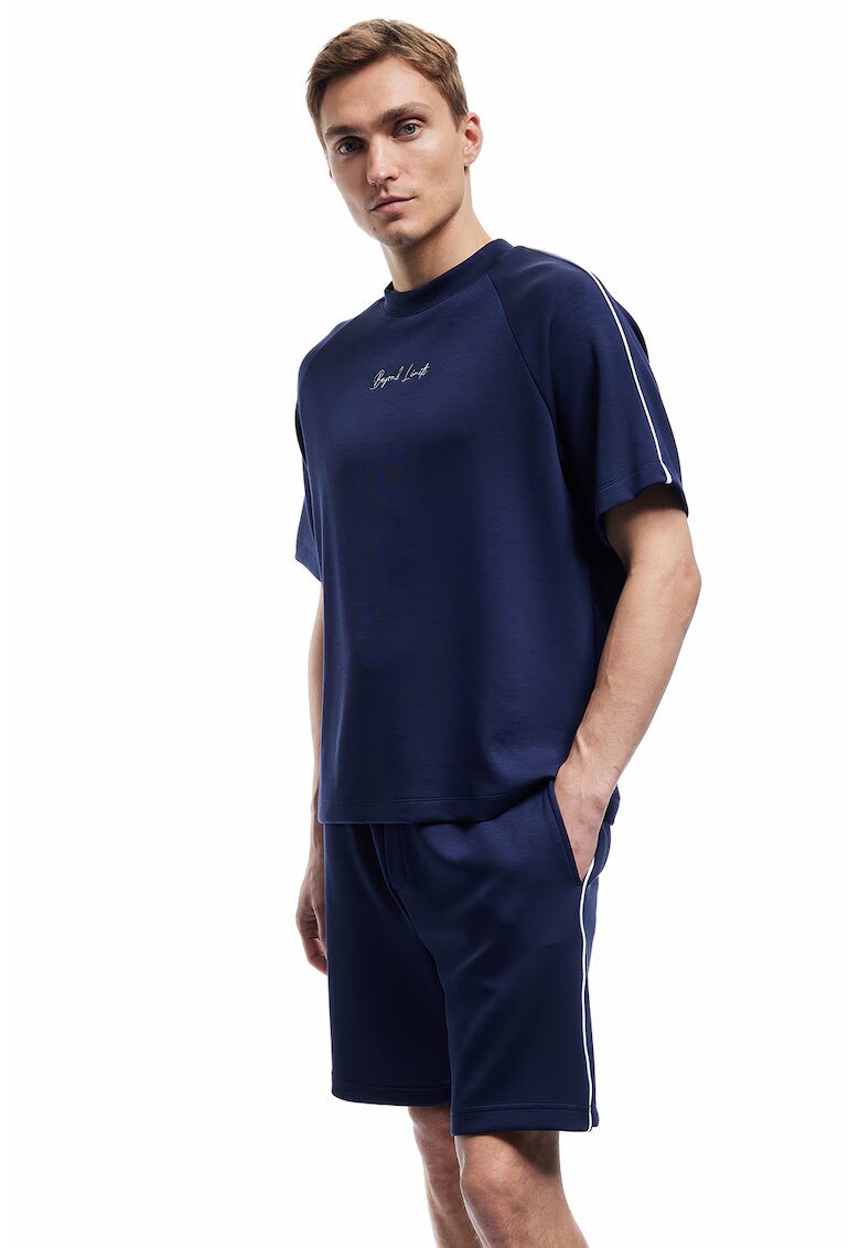 KOTON Tricou cu decolteu la baza gatului si maneci raglan - Albastru ultramarin
