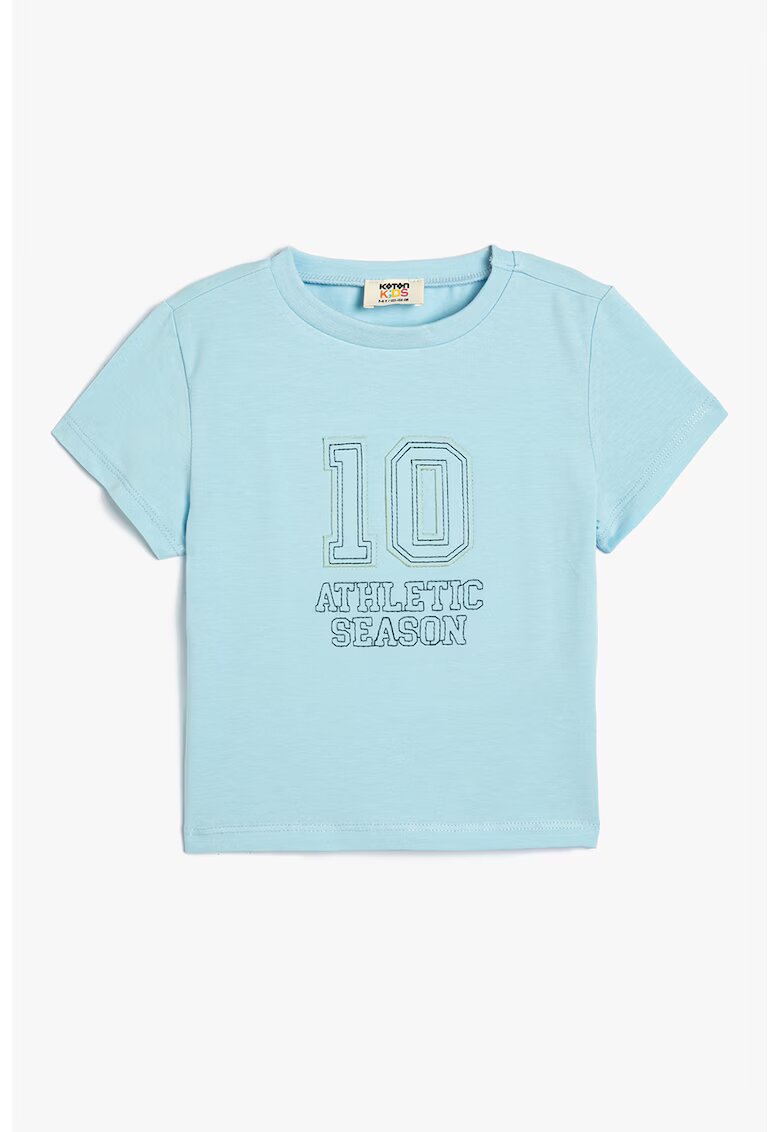 KOTON Tricou cu decolteu la baza gatului si text in relief - Albastru deschis