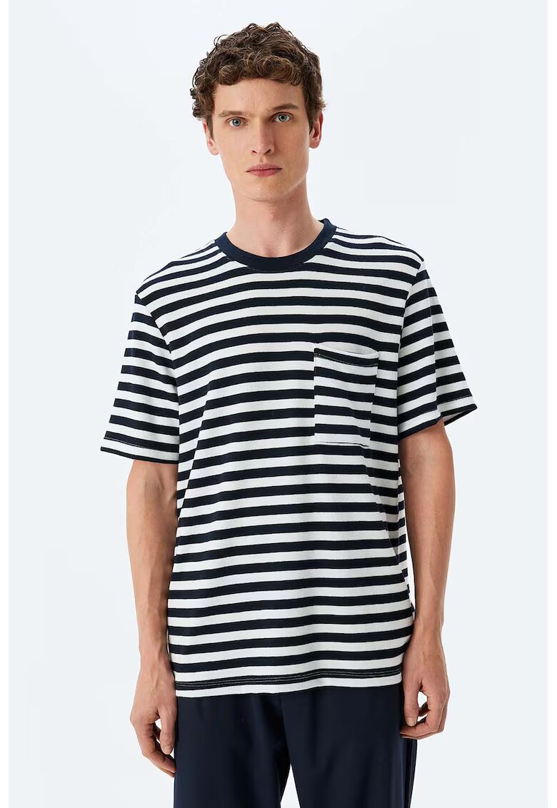 KOTON Tricou cu decolteu rotund si dungi - Alb/Albastru ultramarin