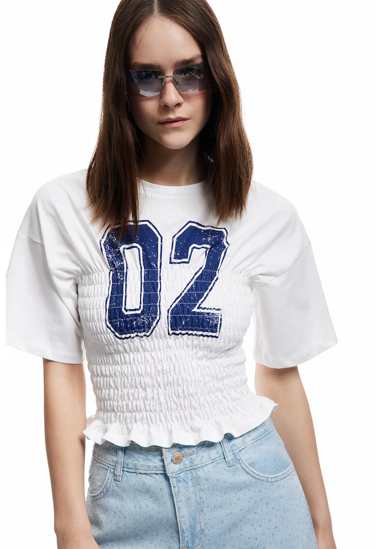 KOTON Tricou cu fronseuri si imprimeu text - Albastru royal/Alb optic