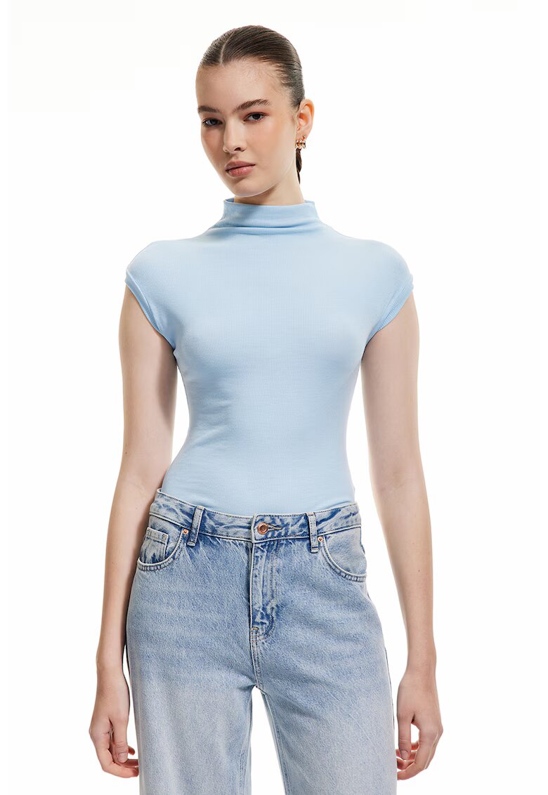 KOTON Tricou cu guler scurt - Albastru pastel