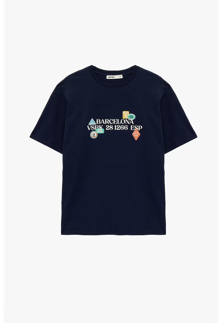 KOTON Tricou cu imprimeu text - Albastru inchis