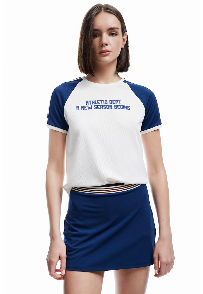 KOTON Tricou cu imprimeu text - Albastru inchis/Alb murdar
