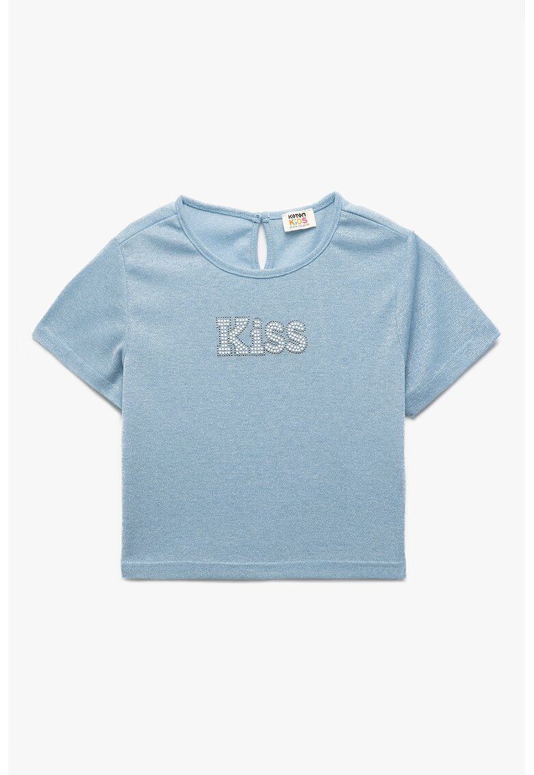 KOTON Tricou cu logo din strasuri si insertii din fibra metalizata - Albastru pastel