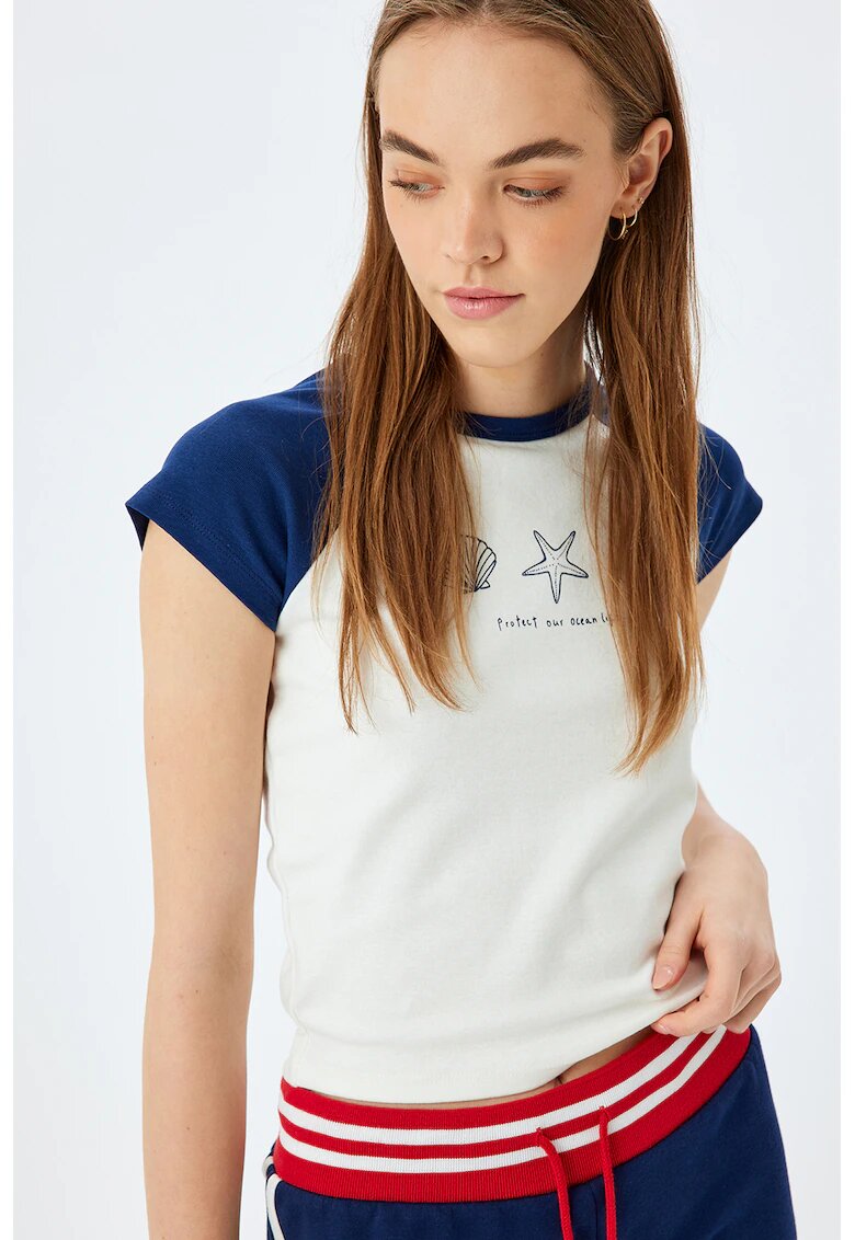 KOTON Tricou cu maneci raglan - Albastru ultramarin/Alb murdar