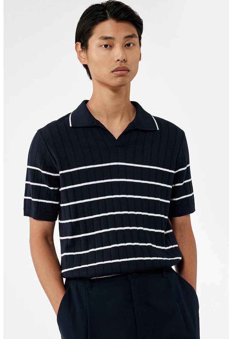 KOTON Tricou cu model cu dungi si decolteu in V - Alb/Bleumarin
