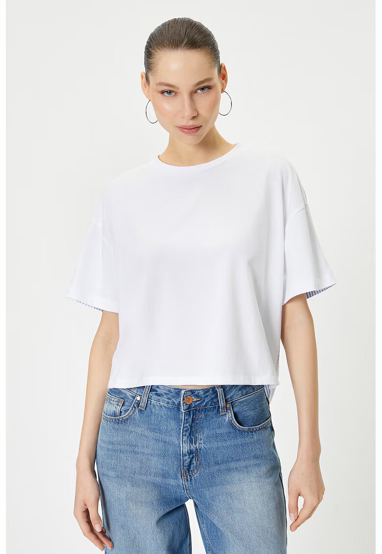 KOTON Tricou cu model in doua tonuri si decupaj pe partea din spate - Alb/Albastru lavanda