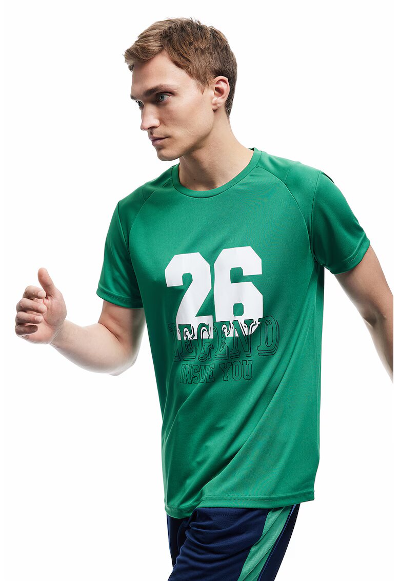 KOTON Tricou cu text si maneci raglan - Alb/Verde inchis