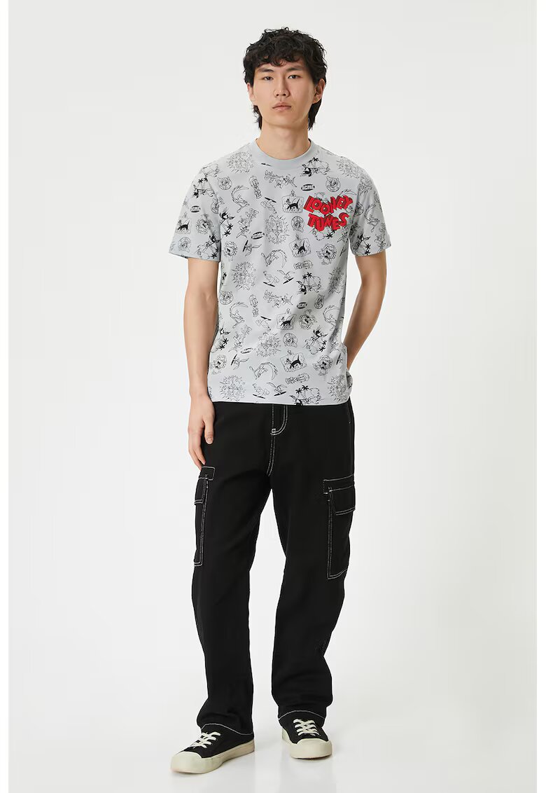 KOTON Tricou de bumbac cu imprimeu - Negru/Gri deschis/Rosu vermillion