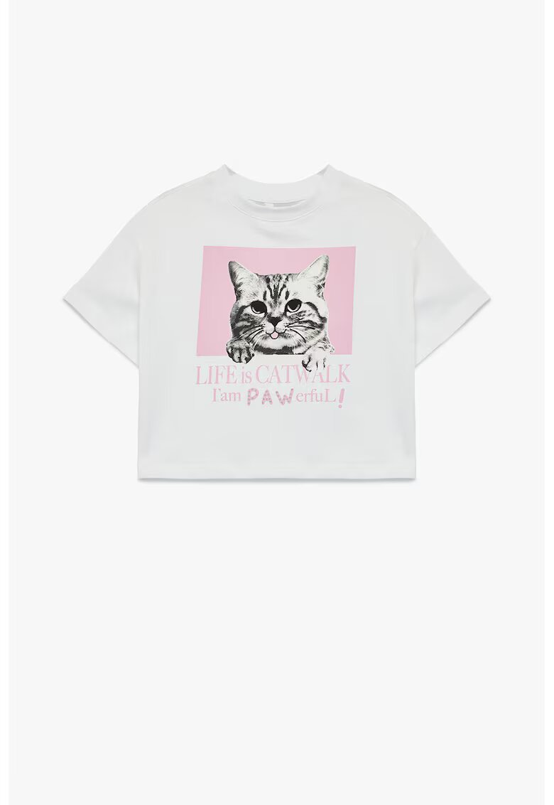 KOTON Tricou de bumbac cu imprimeu pisica - Gri deschis/Roz deschis