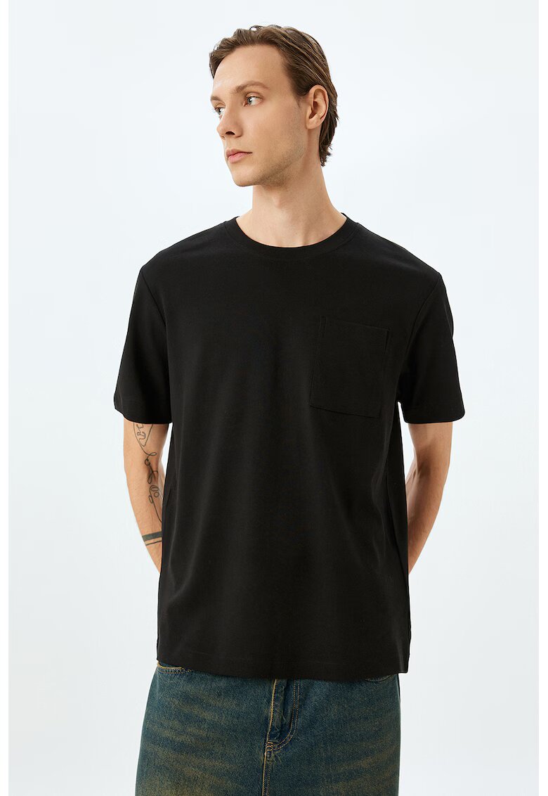 KOTON Tricou din bumbac cu decolteu la baza gatului si model uni - Negru