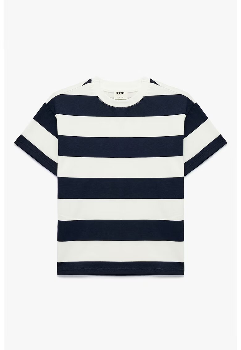 KOTON Tricou din bumbac cu dungi - Alb fildes/Albastru ultramarin