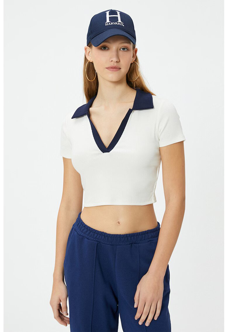 KOTON Tricou polo crop - Alb/Bleumarin
