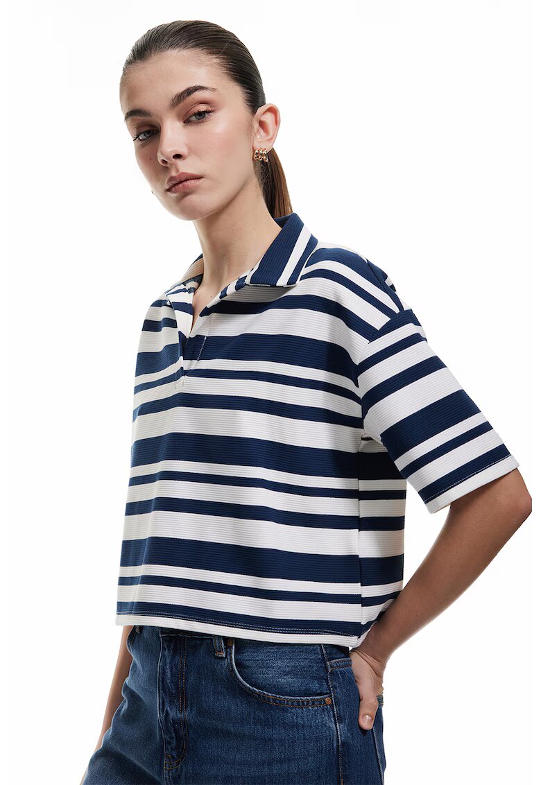 KOTON Tricou polo crop cu dungi - Alb/Bleumarin