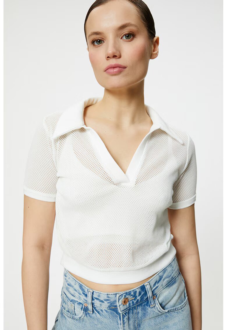 KOTON Tricou polo crop de plasa - Alb