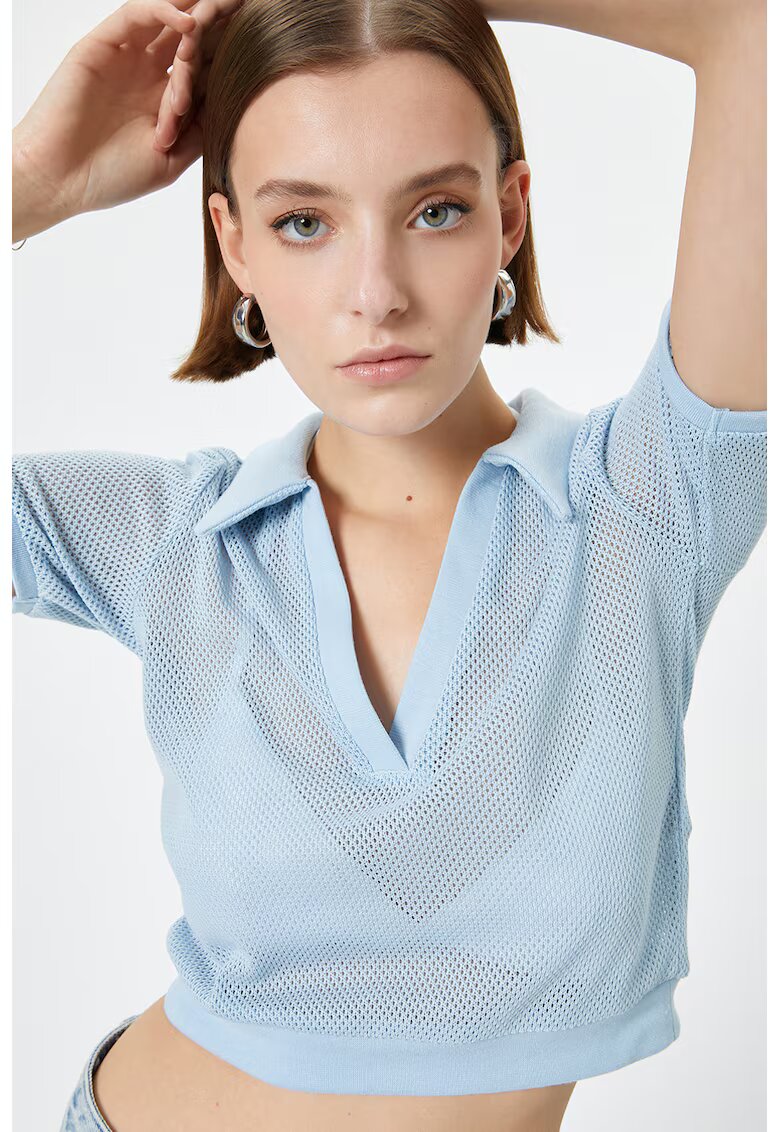 KOTON Tricou polo crop de plasa - Albastru deschis