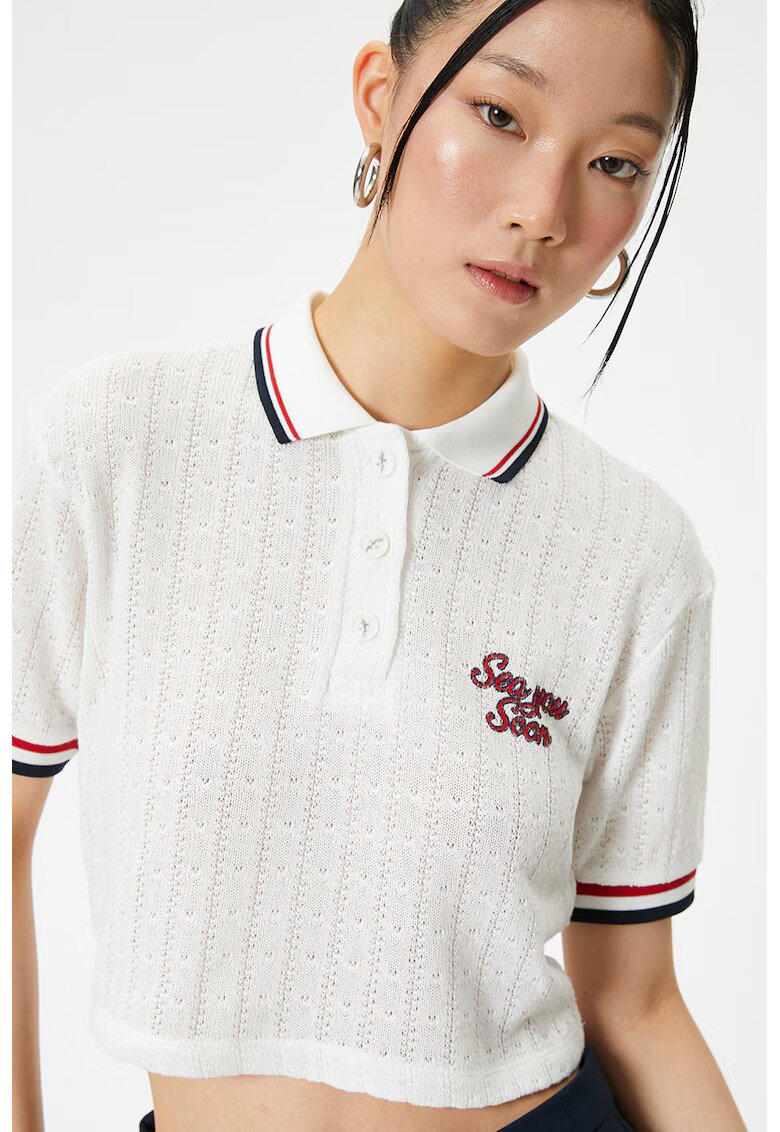 KOTON Tricou polo crop din material pointelle - Rosu/Alb