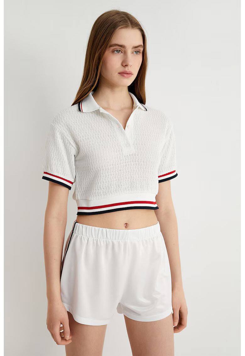 KOTON Tricou polo crop - Rosu/Alb/Bleumarin
