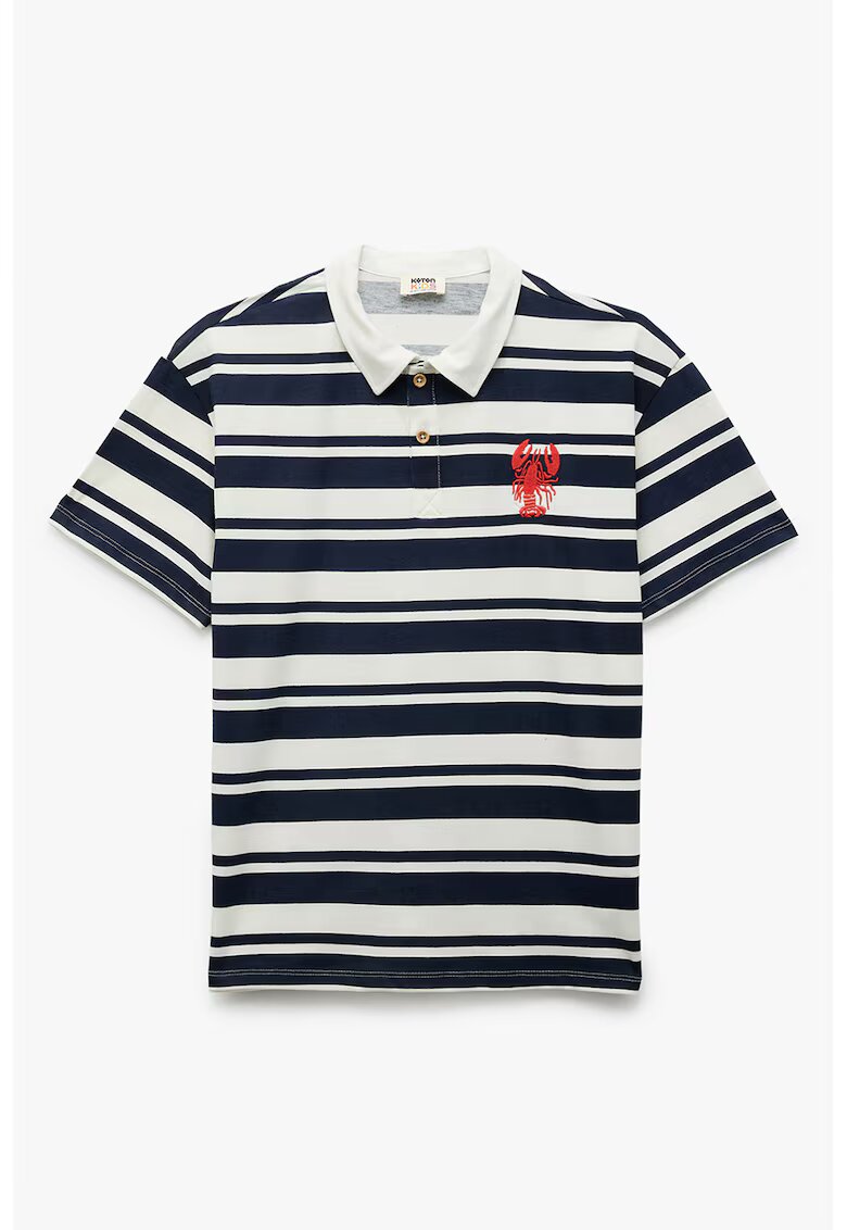 KOTON Tricou polo cu dungi si broderie - Alb/Negru