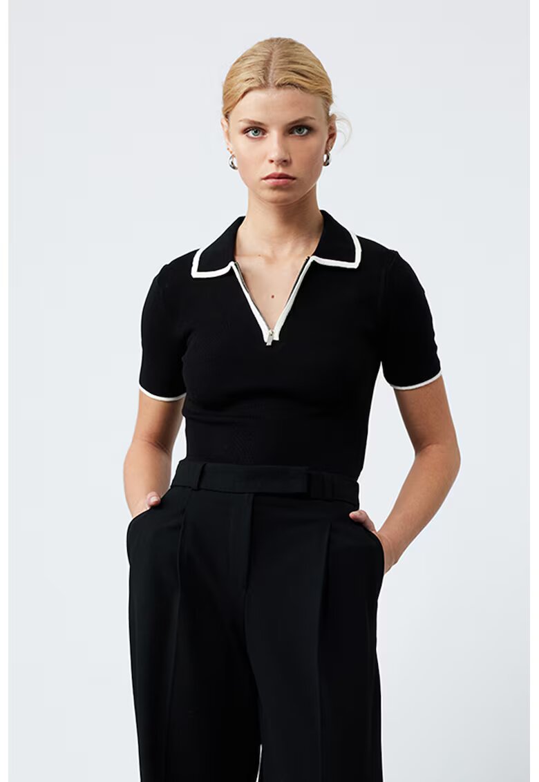 KOTON Tricou polo din tricot cu fermoar scurt - Alb/Negru