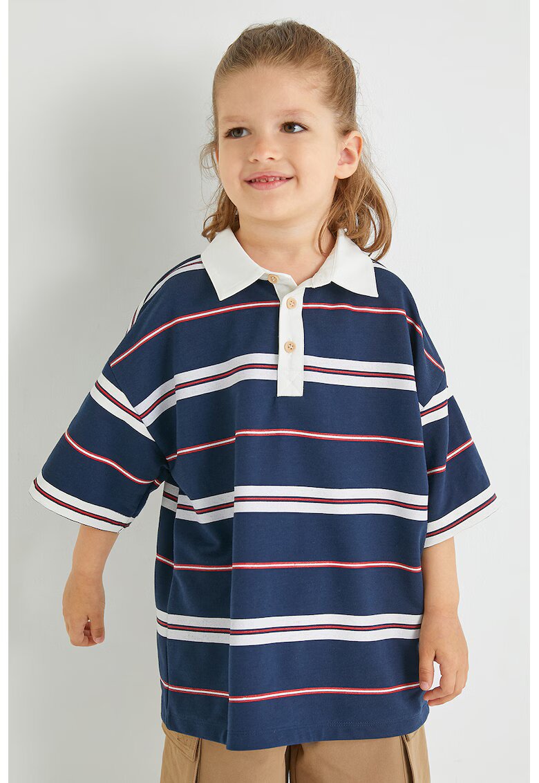 KOTON Tricou polo lejer cu dungi - Alb/Bleumarin