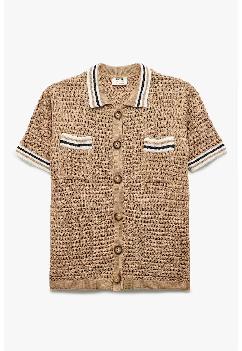 KOTON Tricou polo tricotat cu nasturi - Alb fildes/Negru/Maro deschis