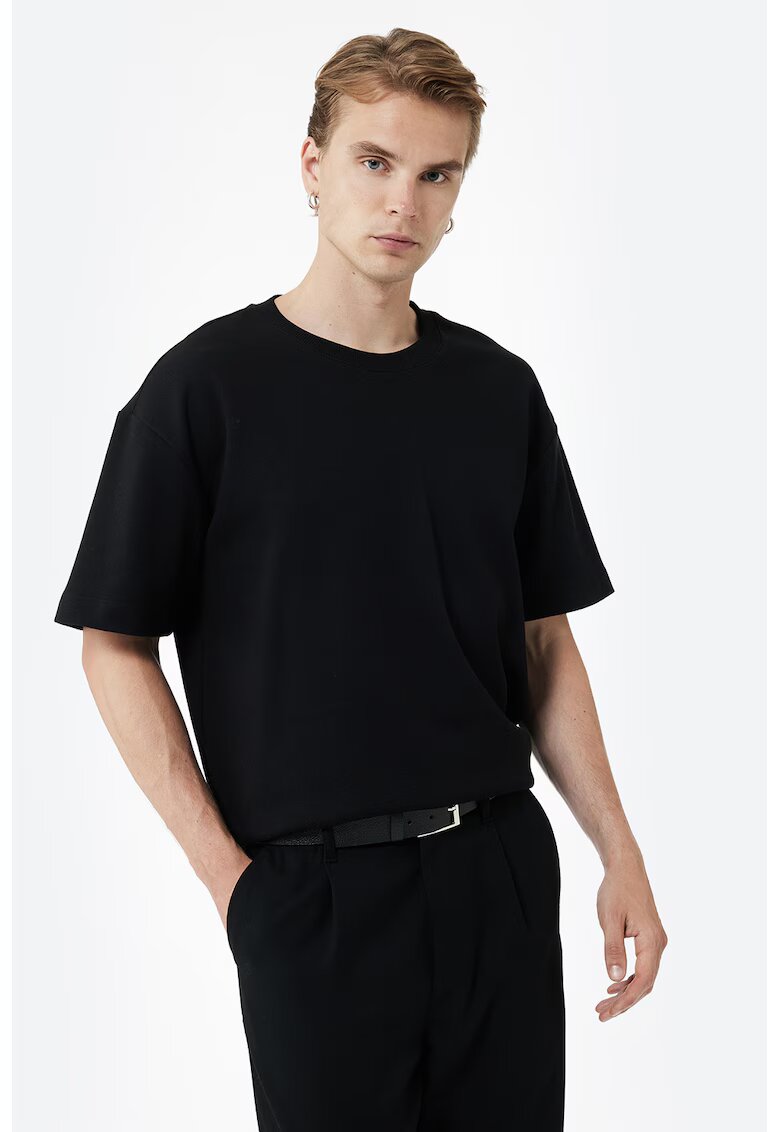 KOTON Tricou relaxed fit cu decolteu la baza gatului - Negru