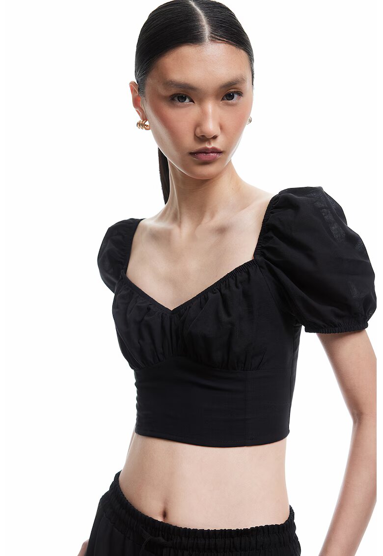 KOTON Tricou slim fit cu maneci bufante - Negru