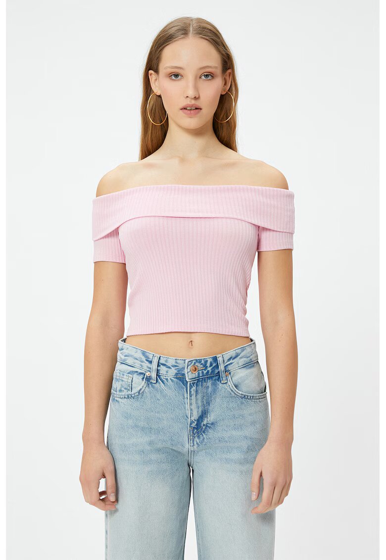 KOTON Tricou striat cu decolteu pe umeri - Roz pastel