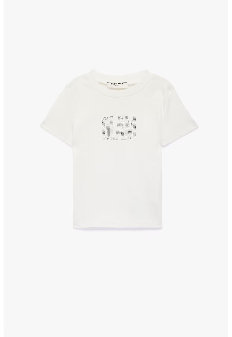 KOTON Tricou striat cu text cu strasuri - Alb murdar