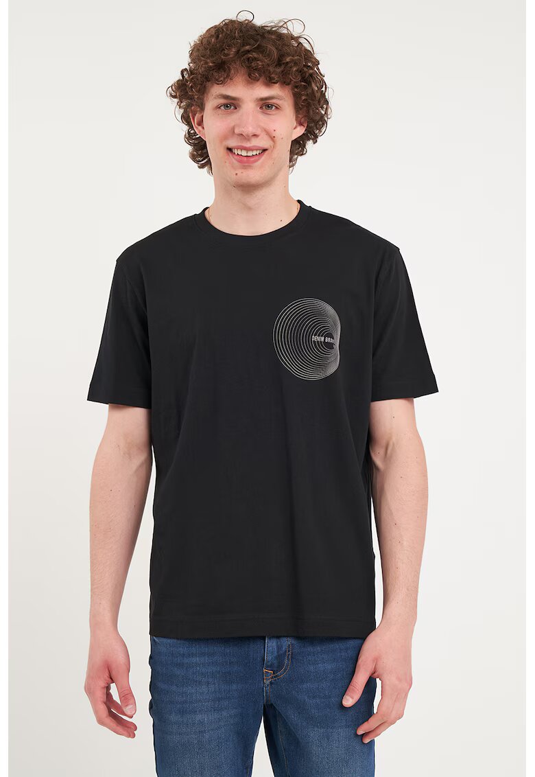 KVL by KENVELO Tricou cu decolteu la baza gatului si imprimeu grafic - Negru/Bej