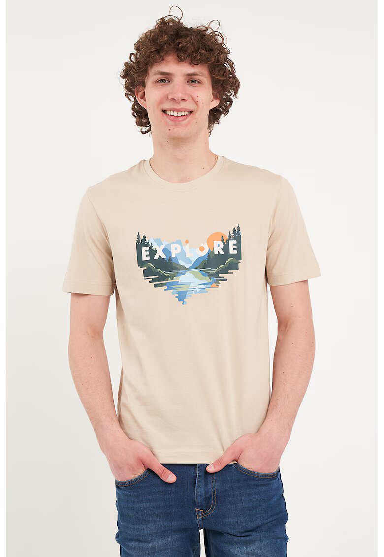 KVL by KENVELO Tricou cu decolteu la baza gatului si model grafic - Verde inchis/Maro nisip