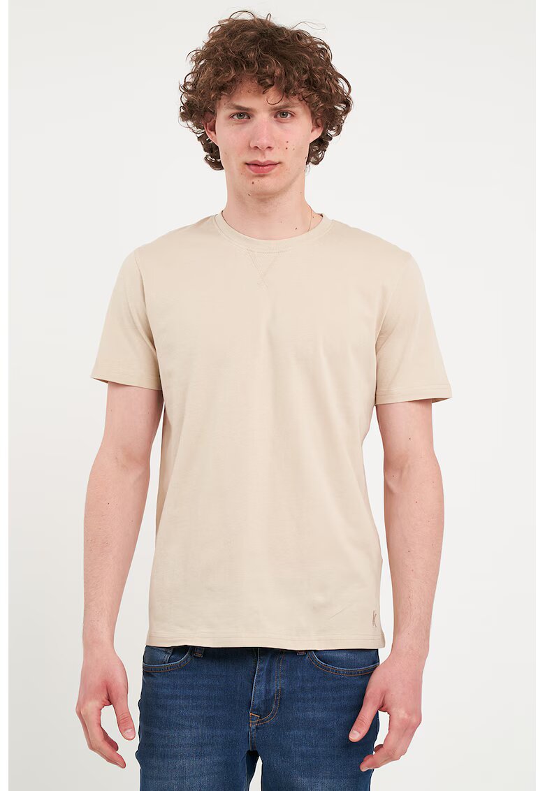 KVL by KENVELO Tricou de bumbac cu decolteu la baza gatului - Bej deschis