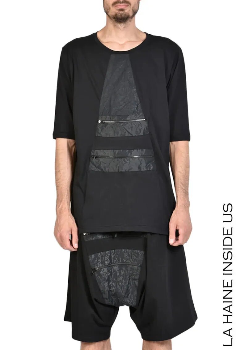 LA HAINE INSIDE US Tricou din bumbac oversize cu buzunare aplicate din nailon cu aspect șifonat - Negru